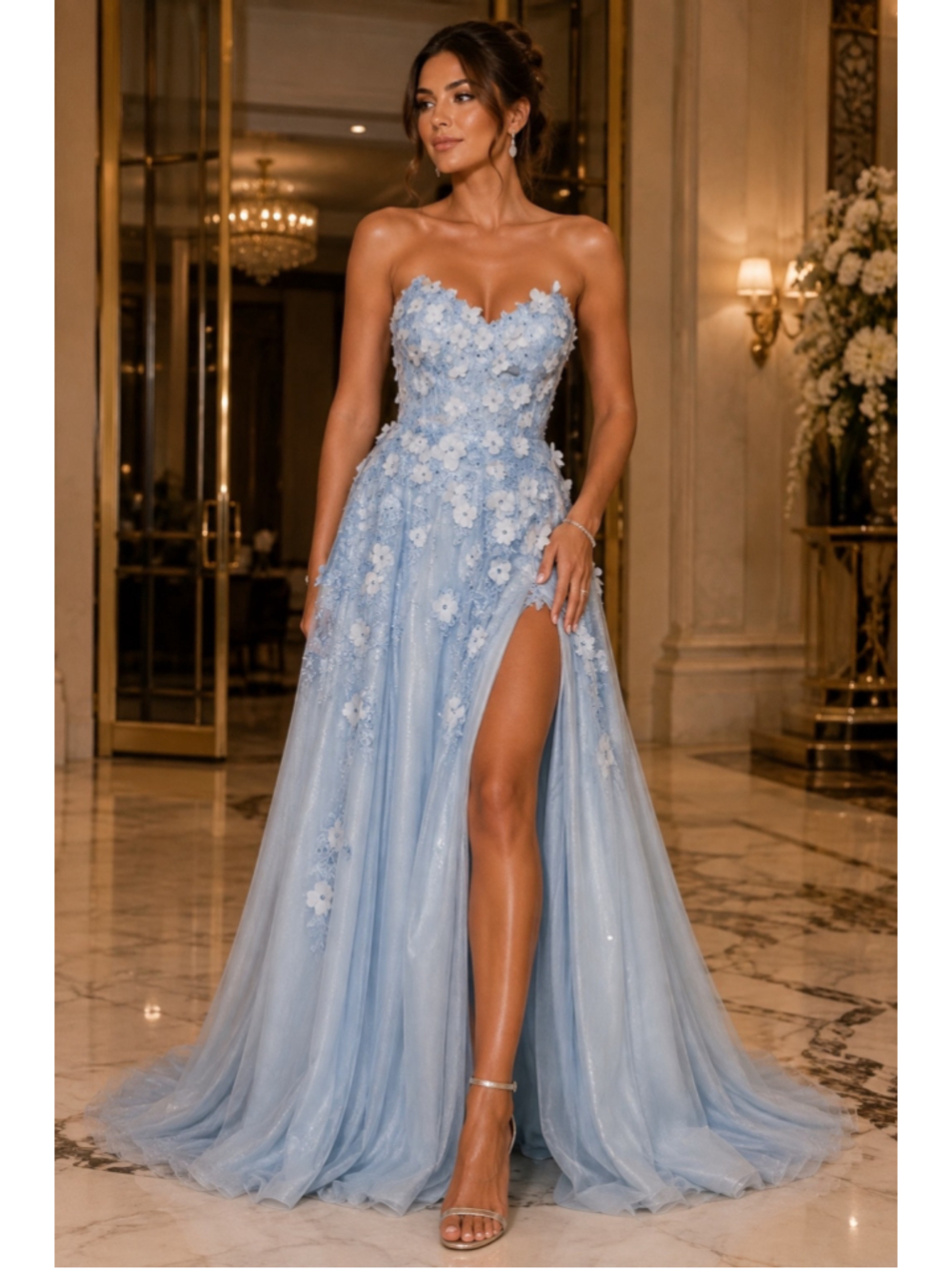 Women's Floral Applique Prom Dress, Size 2/4, Light Blue and White